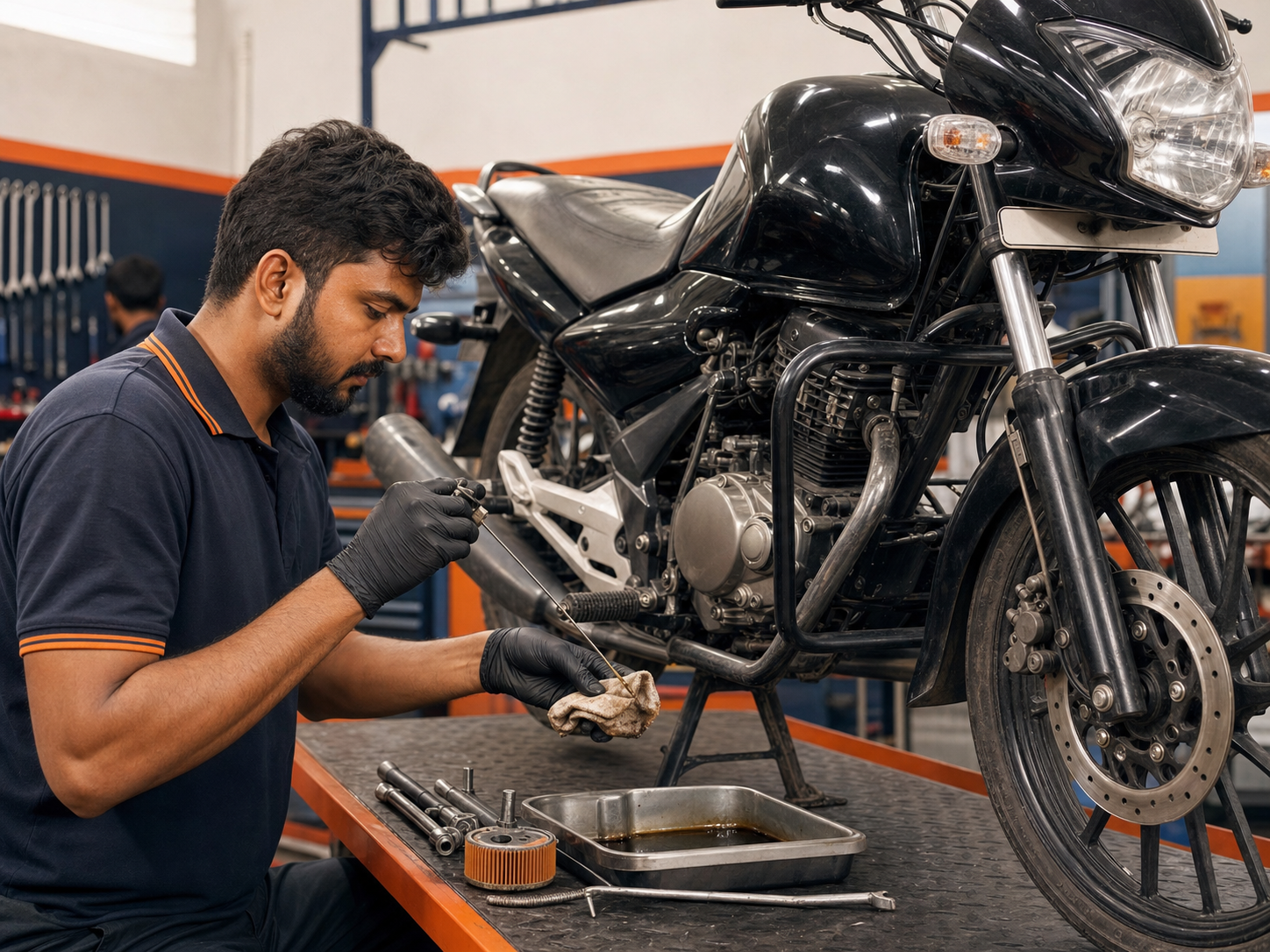 Motokop mechanic performing a general motorcycle service
