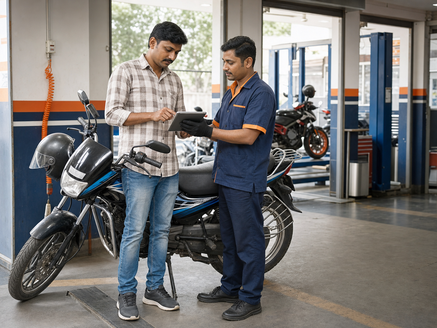 Motokop mechanic explaining the service checklist to a motorcycle owner