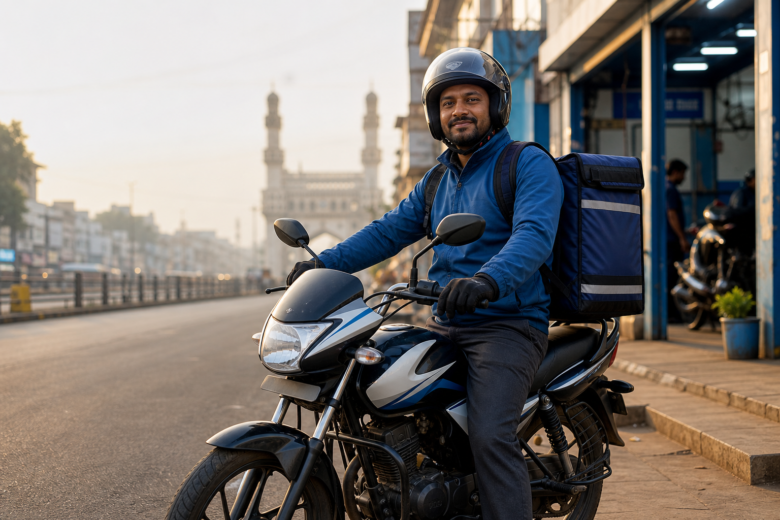 Delivery rider on a motorcycle in Hyderabad